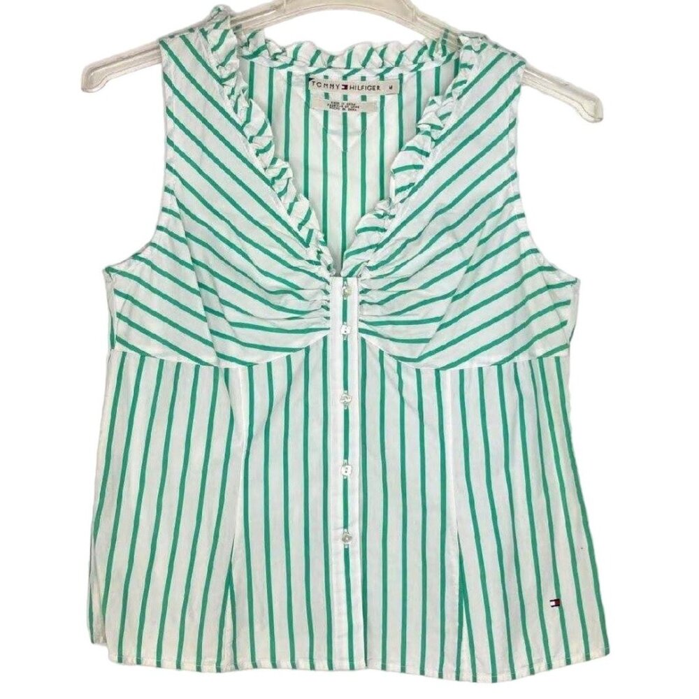 Tommy Hilfiger M Sleeveless Blouse Ruffled VNeck Button Front Green Stripe Light